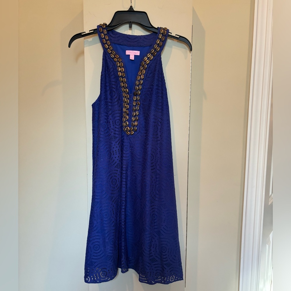 Lilly Pulitzer Blue Lace Shift Dress with Gold Shell Neckline